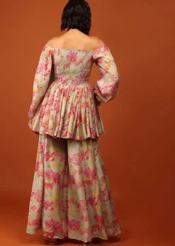Moss Green Print Top And Palazzo In Crepe With Off-shoulder Neckline & Smocking Bodice