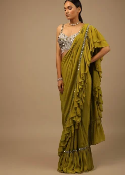 Moss Green Ready To Wear Ruffle Saree With A Heavy Sequins And Cut Dana Embroidered Crop Top