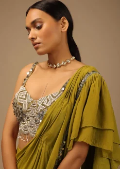 Moss Green Ready To Wear Ruffle Saree With A Heavy Sequins And Cut Dana Embroidered Crop Top