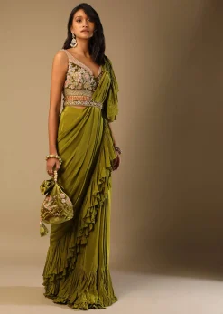 Moss Green Readymade Ruffle Saree In Crepe With Multi Colored Hand Embroidered Floral Blouse