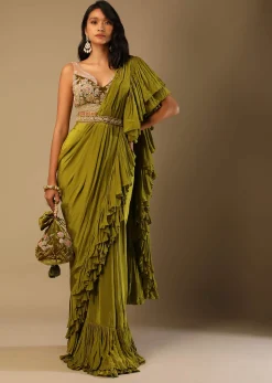 Moss Green Readymade Ruffle Saree In Crepe With Multi Colored Hand Embroidered Floral Blouse