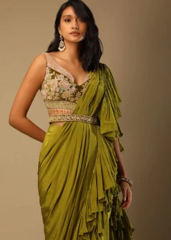 Moss Green Readymade Ruffle Saree In Crepe With Multi Colored Hand Embroidered Floral Blouse
