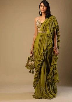 Moss Green Readymade Ruffle Saree In Crepe With Multi Colored Hand Embroidered Floral Blouse