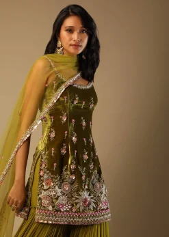 Moss Green Sharara Suit In Velvet With Multi Colored Hand Embroidery In Floral Motifs