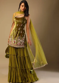 Moss Green Sharara Suit In Velvet With Multi Colored Hand Embroidery In Floral Motifs