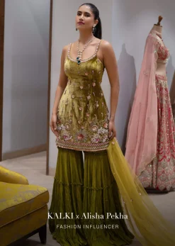 Moss Green Sharara Suit In Velvet With Multi Colored Hand Embroidery In Floral Motifs