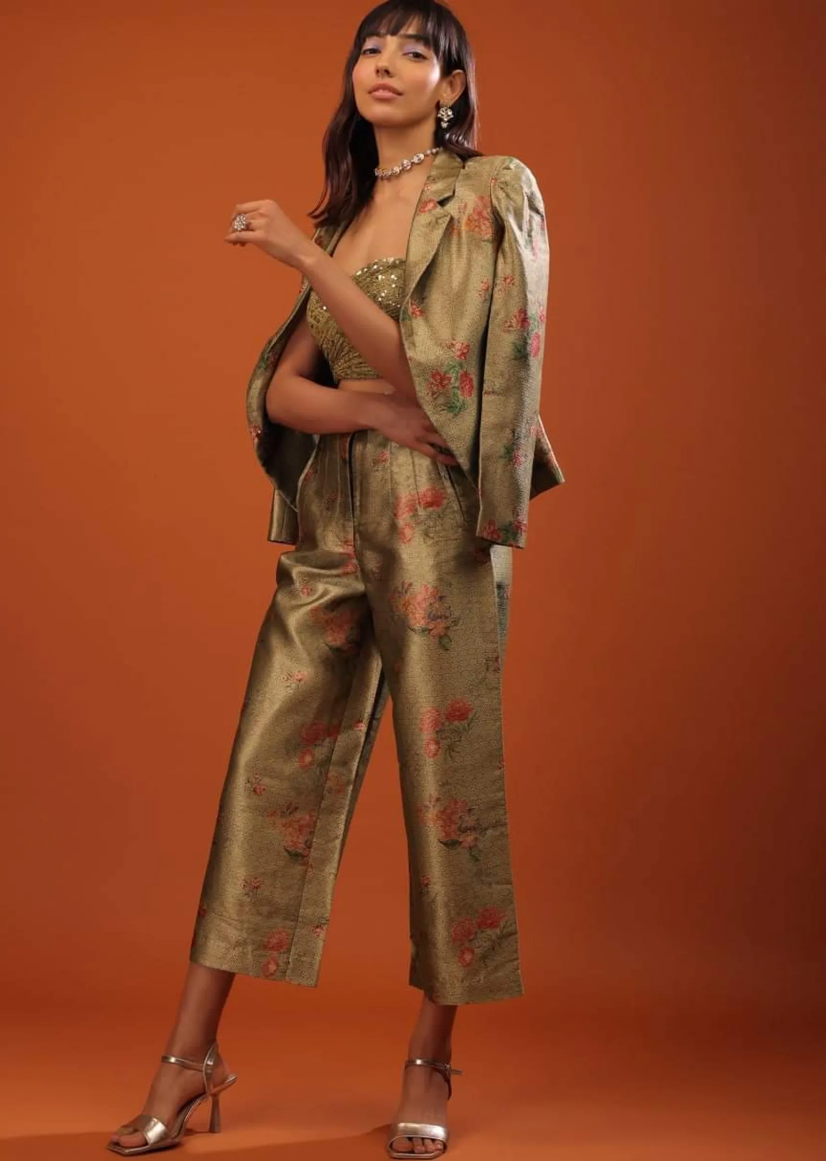 Moss Green Three-Piece Suit In Woven Floral Motifs With Cropped Pants And Sequin Bustier