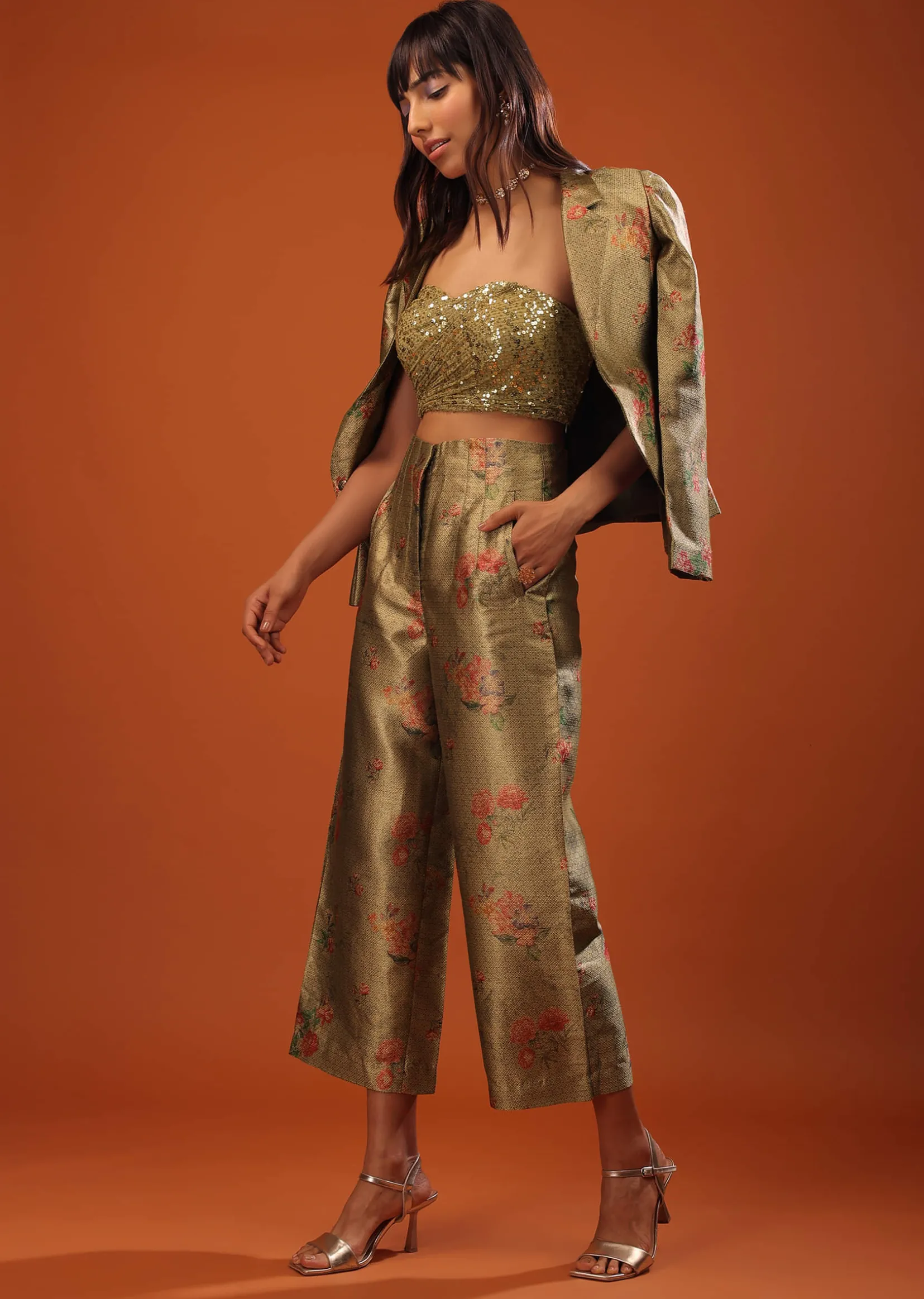 Moss Green Three-Piece Suit In Woven Floral Motifs With Cropped Pants And Sequin Bustier