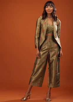 Moss Green Three-Piece Suit In Woven Floral Motifs With Cropped Pants And Sequin Bustier