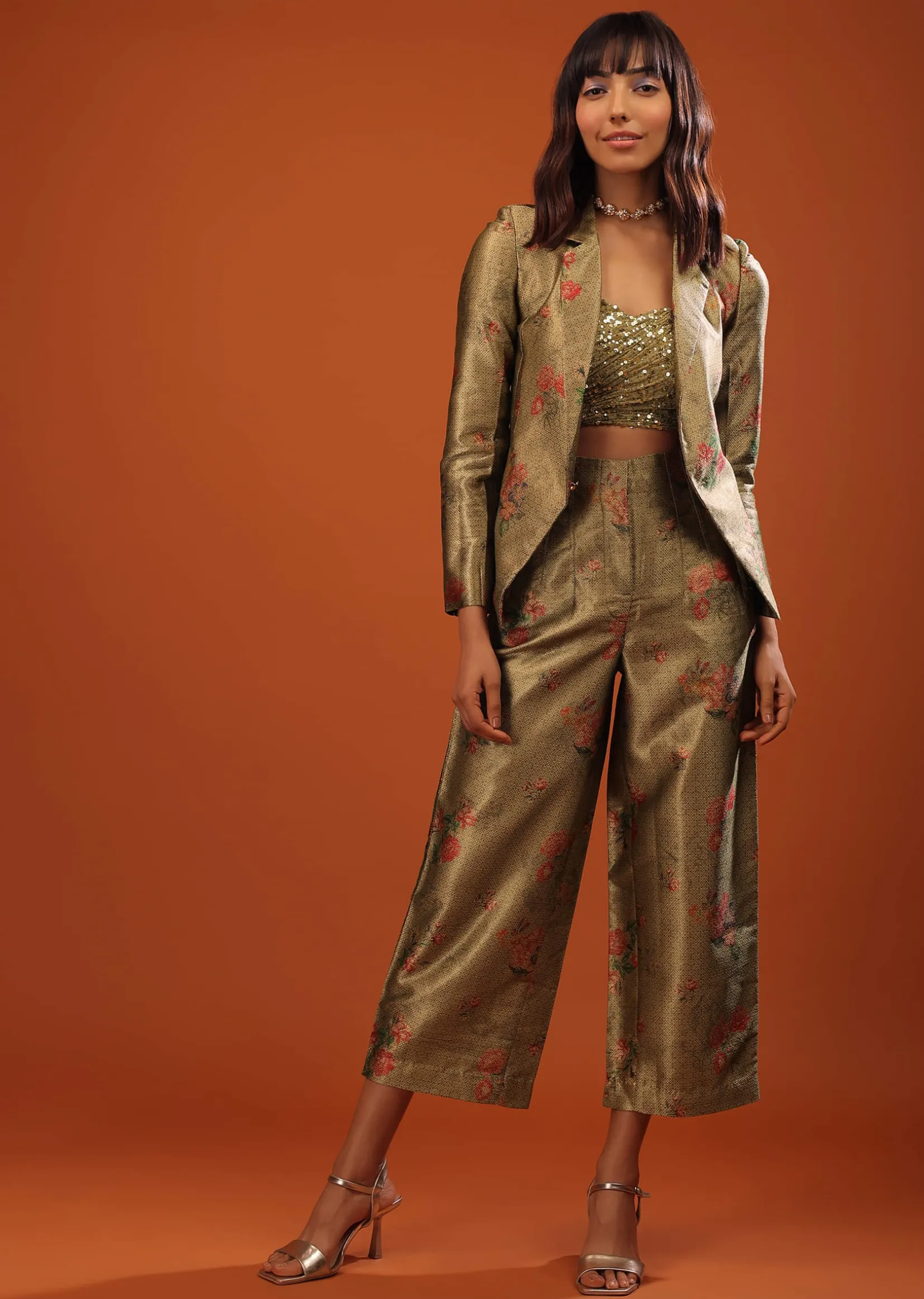 Moss Green Three-Piece Suit In Woven Floral Motifs With Cropped Pants And Sequin Bustier