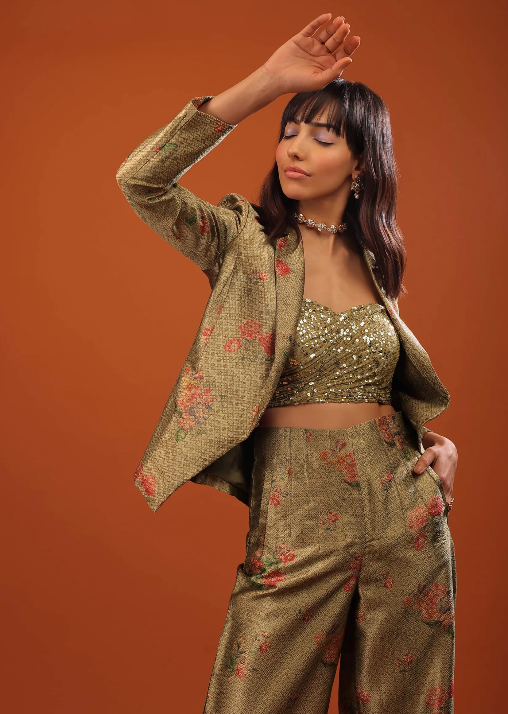 Moss Green Three-Piece Suit In Woven Floral Motifs With Cropped Pants And Sequin Bustier