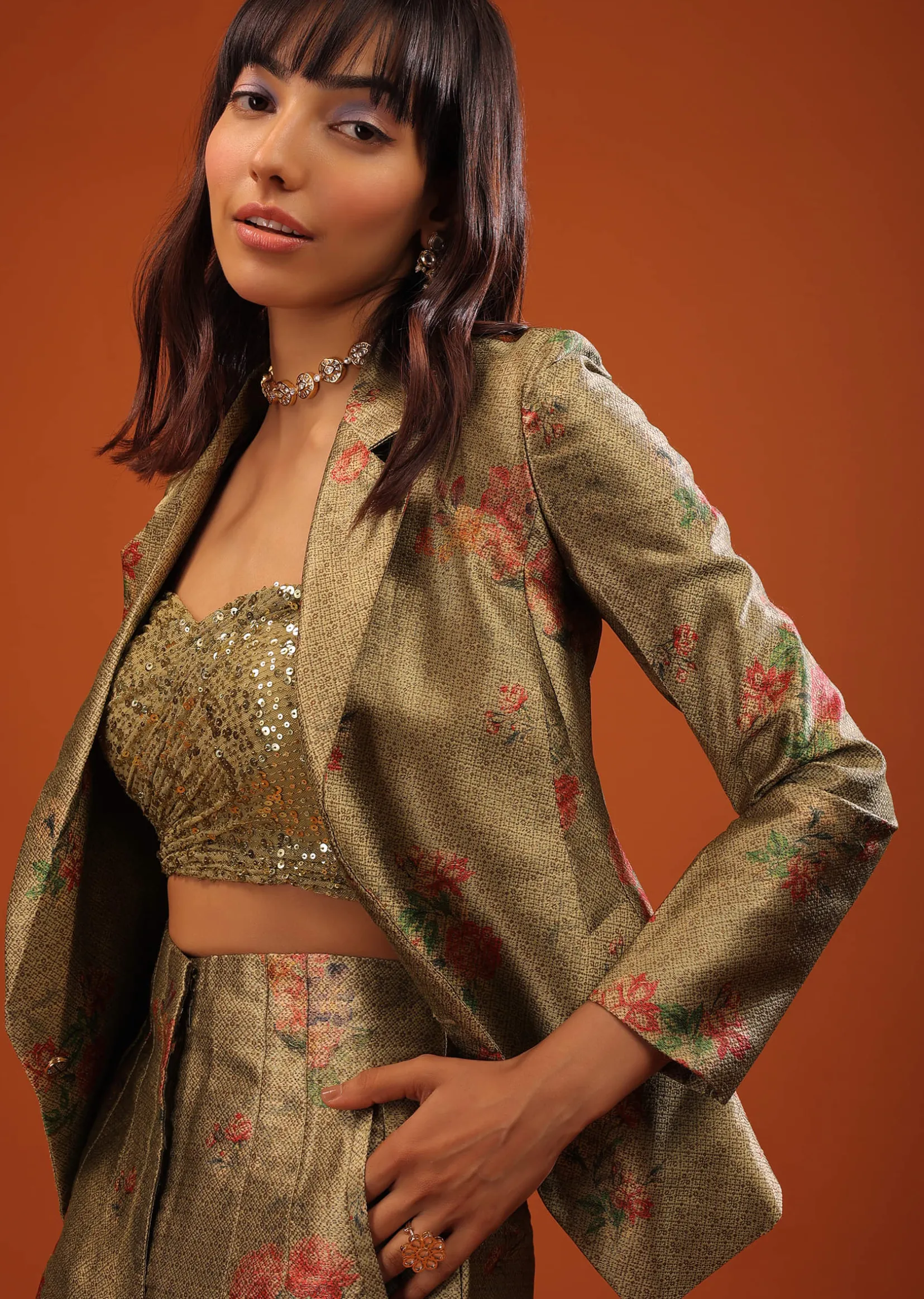 Moss Green Three-Piece Suit In Woven Floral Motifs With Cropped Pants And Sequin Bustier