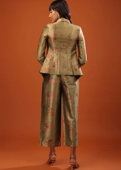 Moss Green Three-Piece Suit In Woven Floral Motifs With Cropped Pants And Sequin Bustier