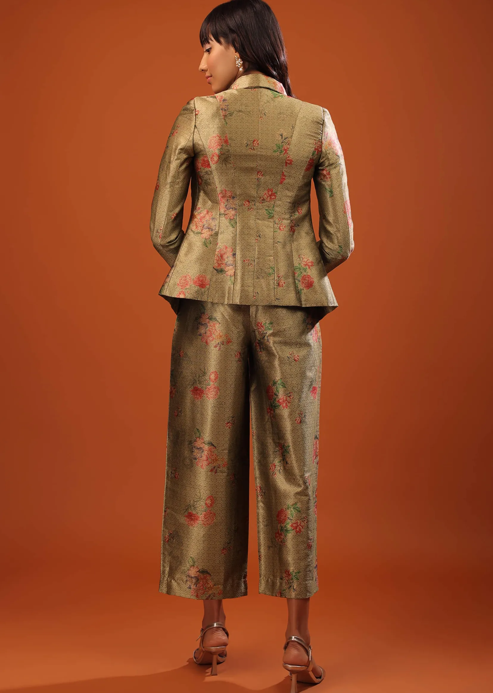 Moss Green Three-Piece Suit In Woven Floral Motifs With Cropped Pants And Sequin Bustier