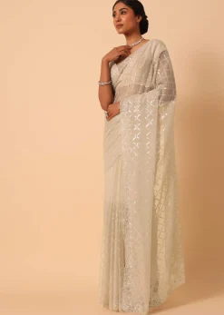 Mouse Grey Sequin Saree In Organza With Cutdana Work And Unstitched Blouse Piece