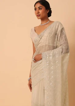 Mouse Grey Sequin Saree In Organza With Cutdana Work And Unstitched Blouse Piece