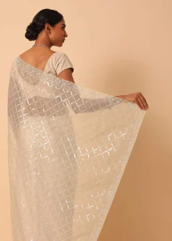 Mouse Grey Sequin Saree In Organza With Cutdana Work And Unstitched Blouse Piece