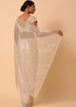Mouse Grey Sequin Saree In Organza With Cutdana Work And Unstitched Blouse Piece