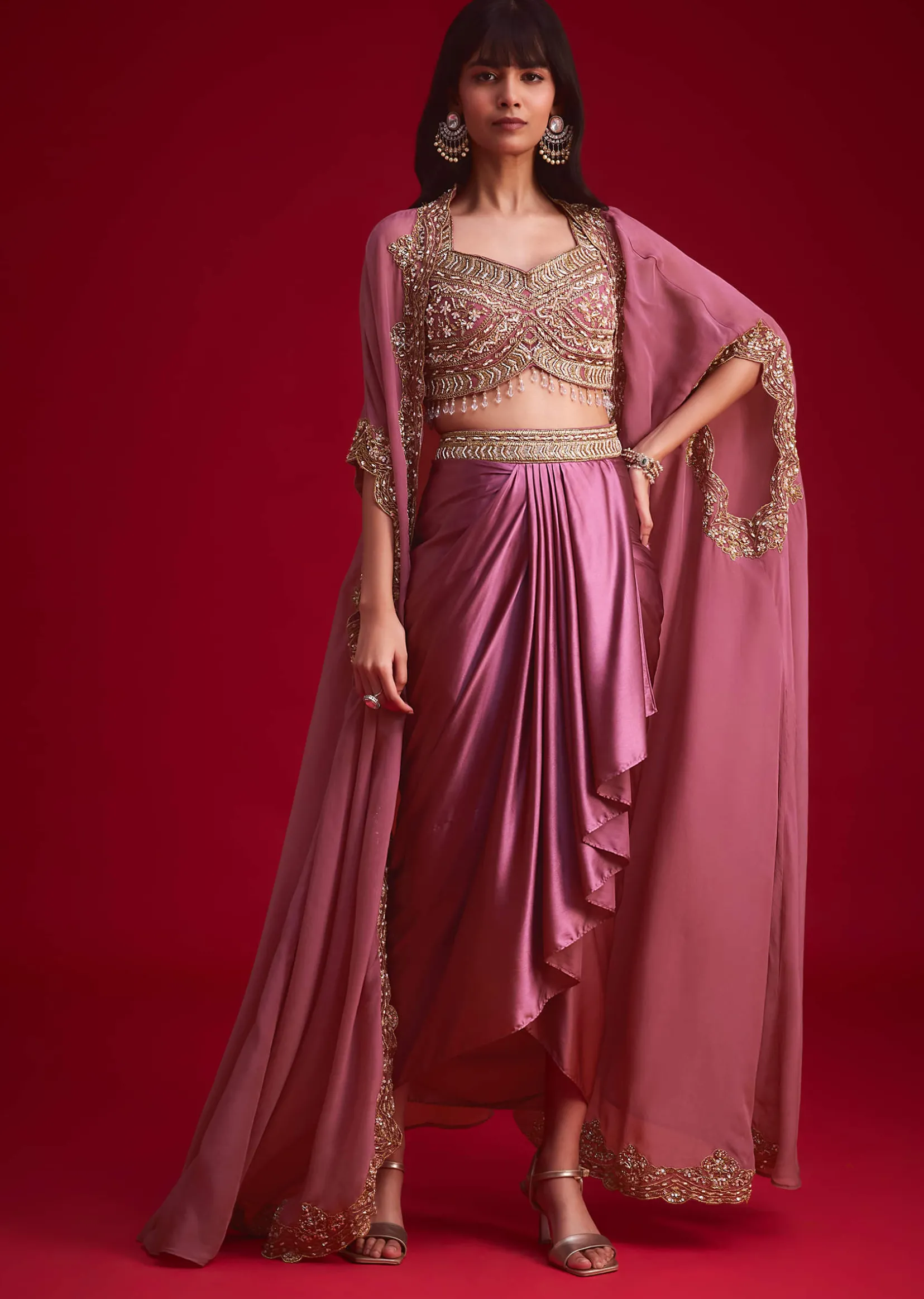 Mulberry Pink Embroidered Croptop And Draped Skirt With Organza Jacket