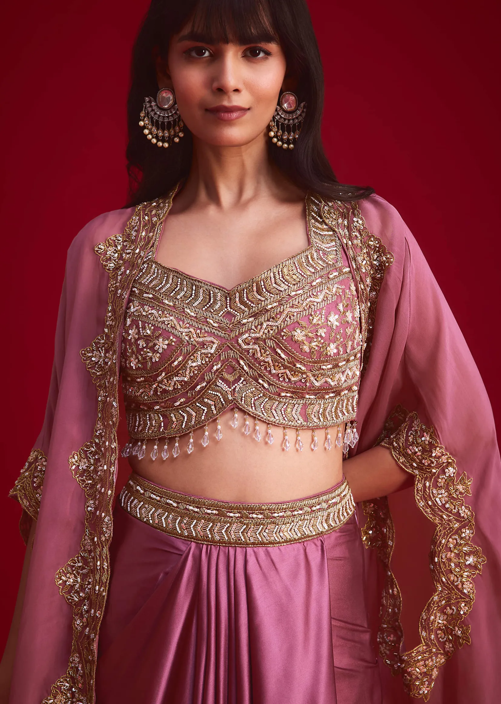 Mulberry Pink Embroidered Croptop And Draped Skirt With Organza Jacket