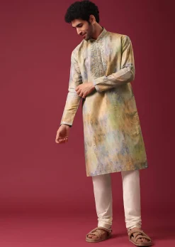 Multi Color Kurta Set With Mirror Work In Silk Fabric