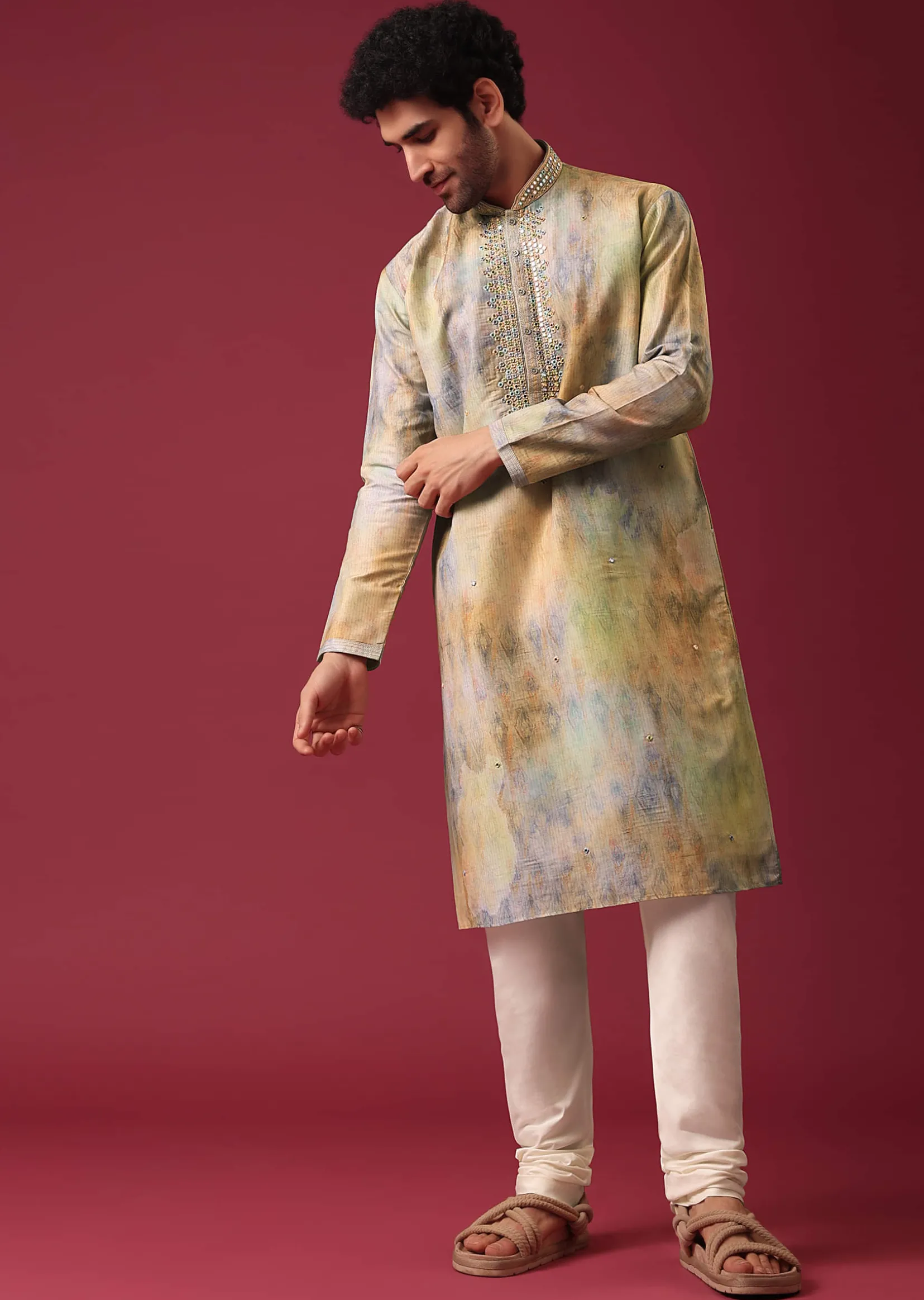 Multi Color Kurta Set With Mirror Work In Silk Fabric