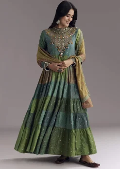 Multi Color Printed Chanderi Anarkali With Stitch Work