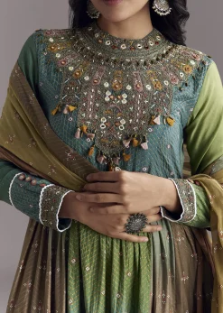 Multi Color Printed Chanderi Anarkali With Stitch Work