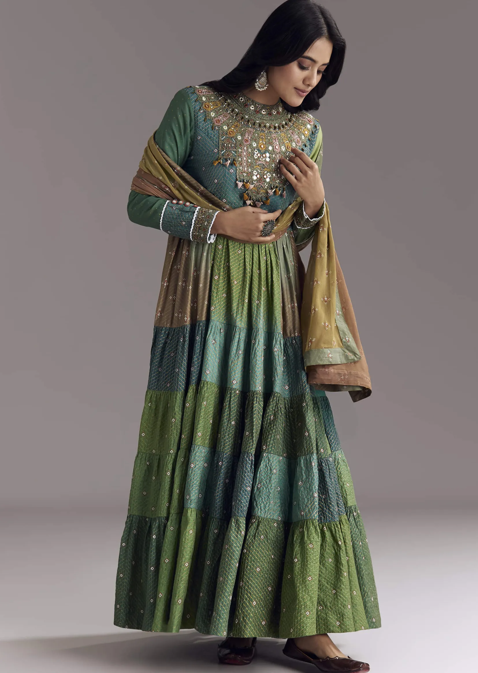 Multi Color Printed Chanderi Anarkali With Stitch Work