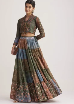 Multi Colored Chanderi Skirt Set With Kantha Embroidery