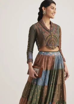 Multi Colored Chanderi Skirt Set With Kantha Embroidery