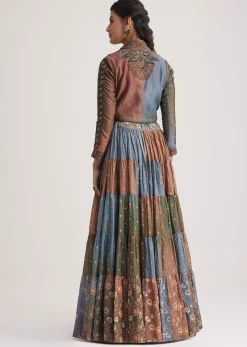 Multi Colored Chanderi Skirt Set With Kantha Embroidery