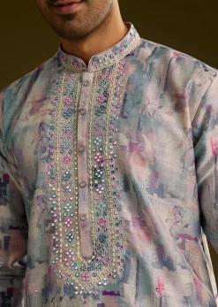 Multi Colored Silk Kurta Set With Abstract Print
