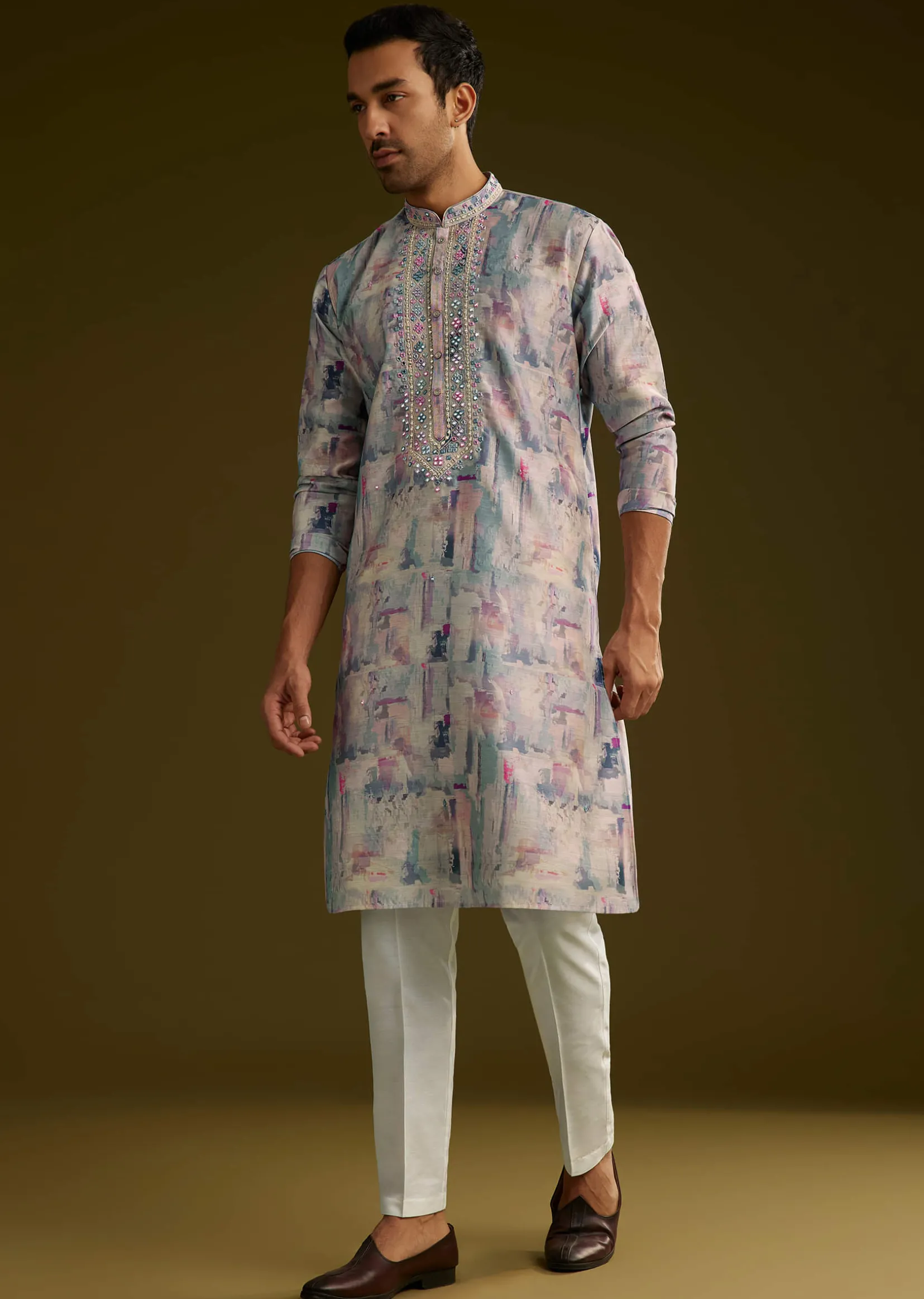Multi Colored Silk Kurta Set With Abstract Print