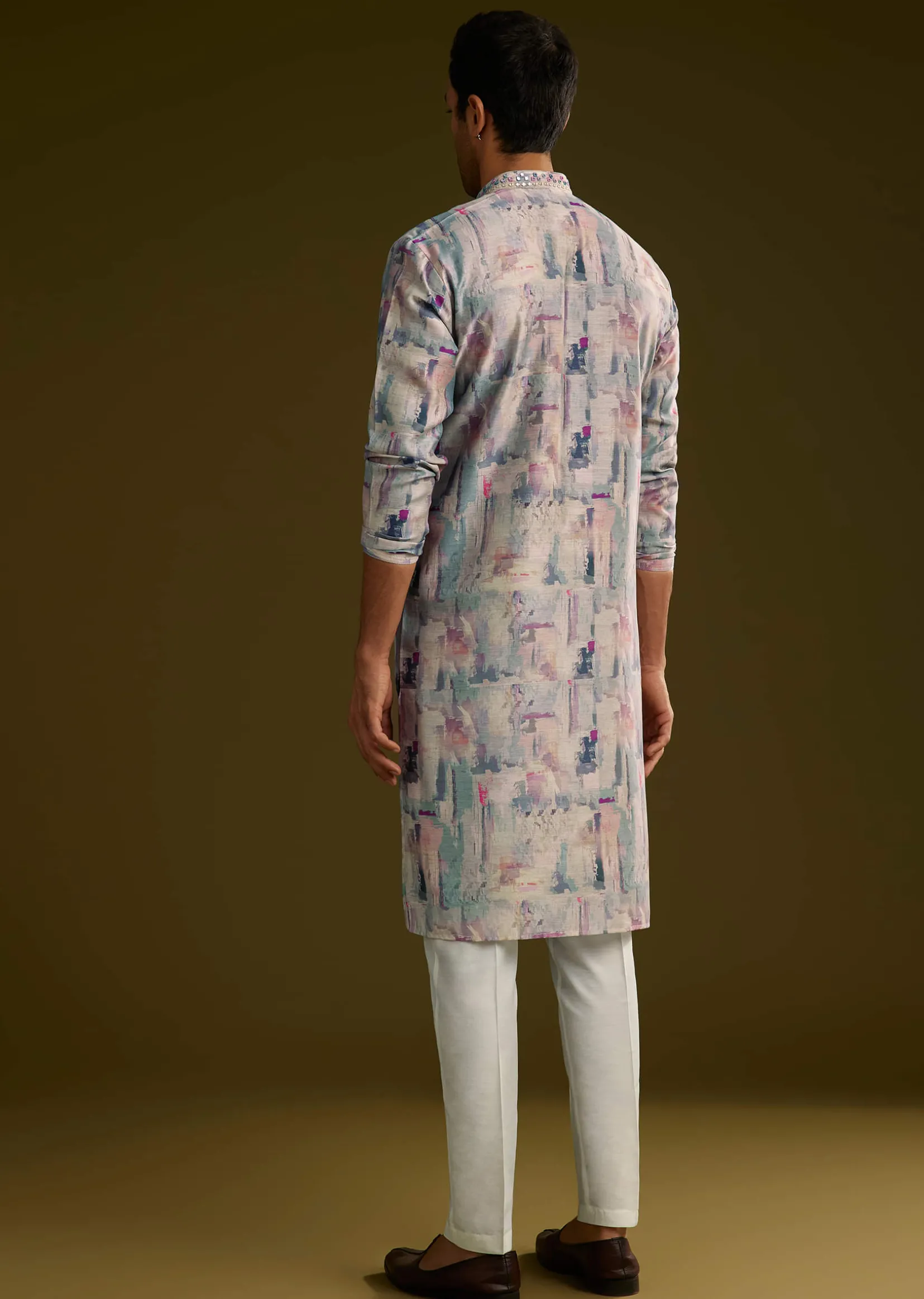 Multi Colored Silk Kurta Set With Abstract Print