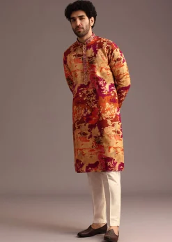 Multi Colour Abstract Printed Kurta Pant Set With Mandarin Collar