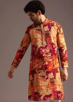 Multi Colour Abstract Printed Kurta Pant Set With Mandarin Collar