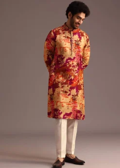 Multi Colour Abstract Printed Kurta Pant Set With Mandarin Collar