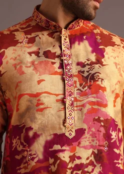 Multi Colour Abstract Printed Kurta Pant Set With Mandarin Collar