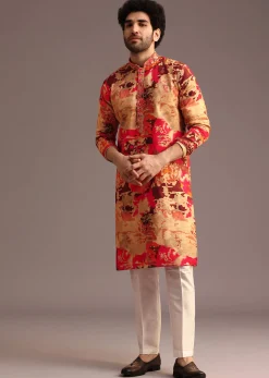 Multi Colour Abstract Print Silk Kurta And Pant