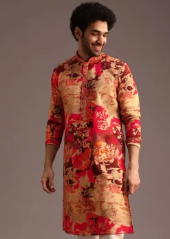 Multi Colour Abstract Print Silk Kurta And Pant