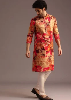 Multi Colour Abstract Print Silk Kurta And Pant