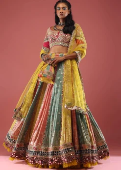 Multi Coloured Brocade Lehenga With Bandhani Print And Heavy Mirror Work On The Border