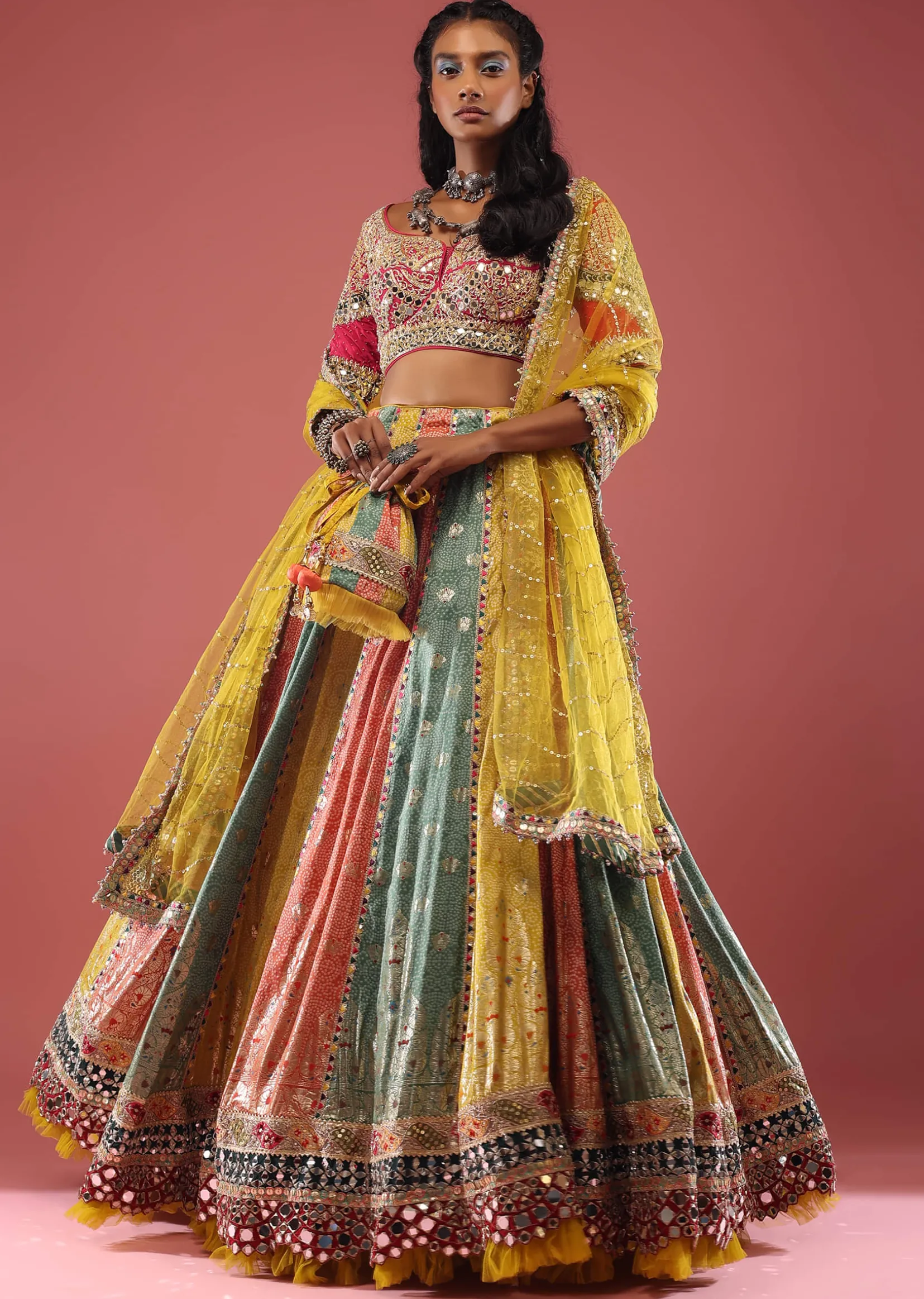 Multi Coloured Brocade Lehenga With Bandhani Print And Heavy Mirror Work On The Border