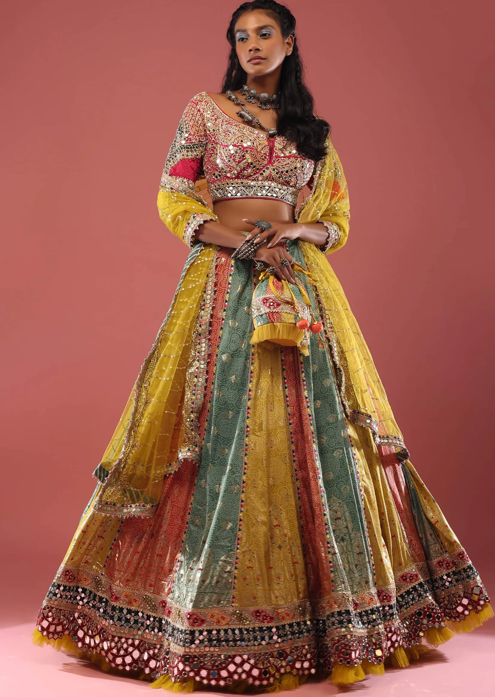 Multi Coloured Brocade Lehenga With Bandhani Print And Heavy Mirror Work On The Border
