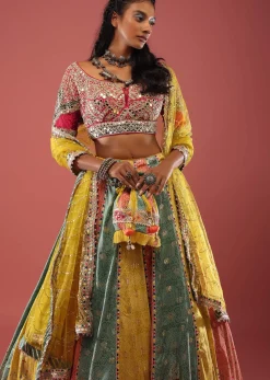 Multi Coloured Brocade Lehenga With Bandhani Print And Heavy Mirror Work On The Border
