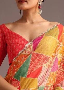 Multi Coloured Printed Muslin Saree With Unstitched Blouse