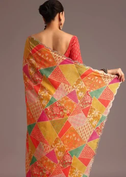 Multi Coloured Printed Muslin Saree With Unstitched Blouse