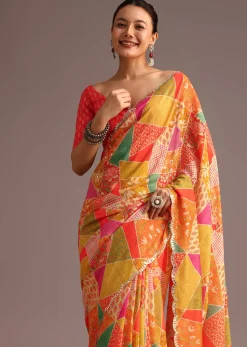 Multi Coloured Printed Muslin Saree With Unstitched Blouse