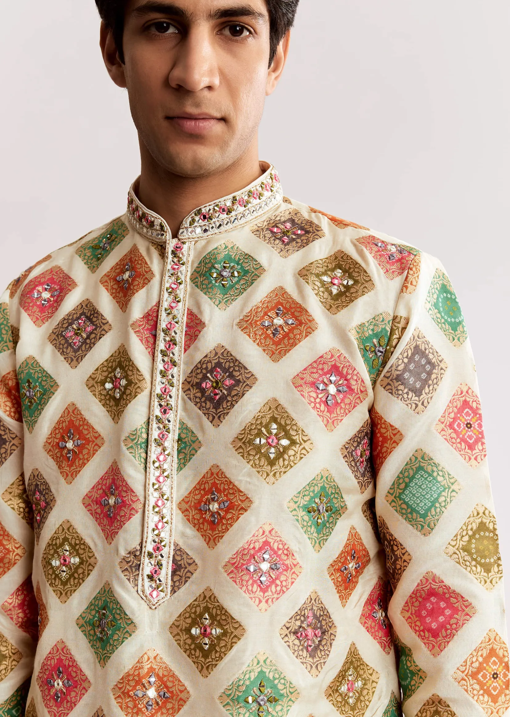 Multi Silk Kurta Set With Geometric Print